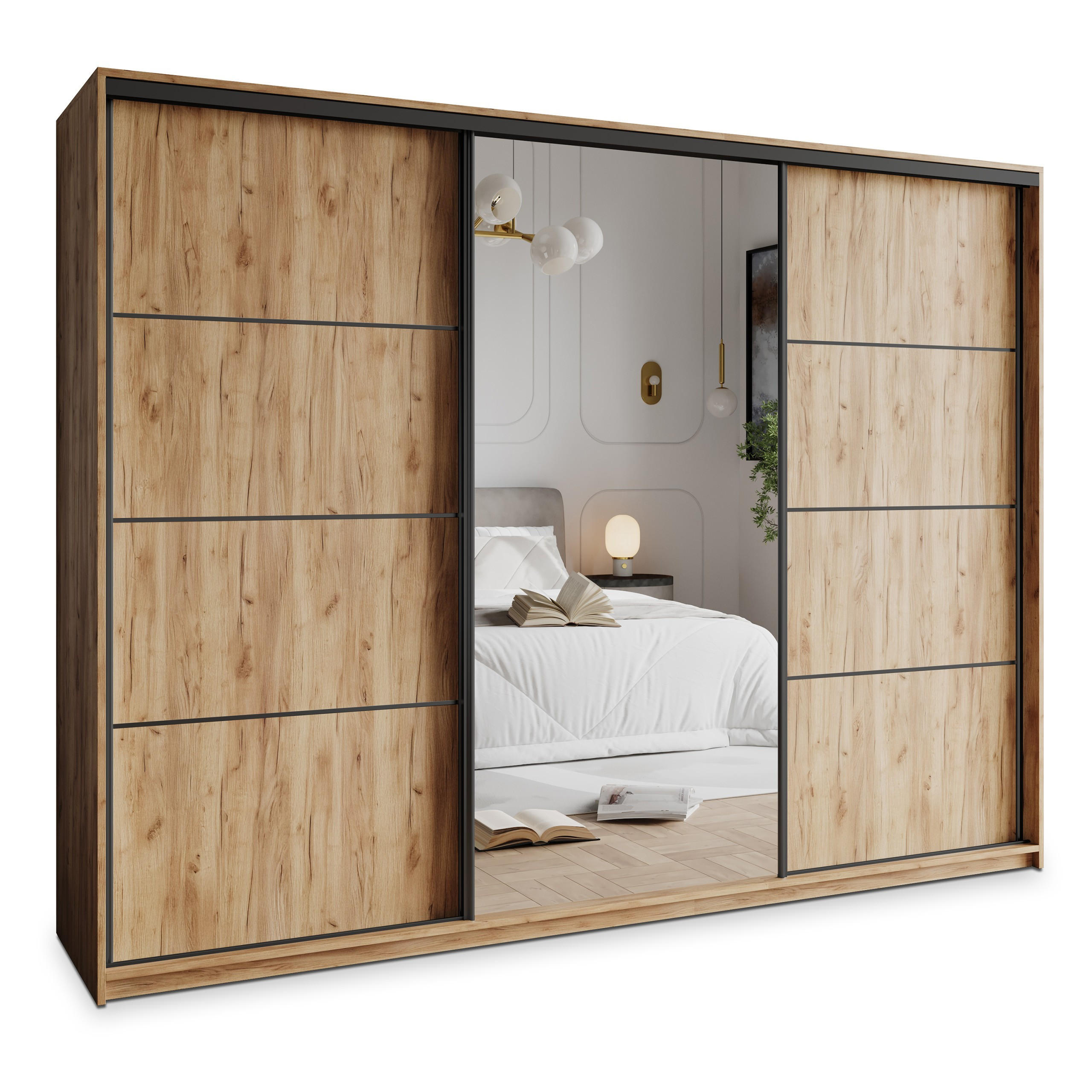 SCHWEBETÜRENSCHRANK VARO 250/205/60 cm 3-türig mit Spiegel und Schubladen Craft Eiche Gold - Schwarz/Orange, Holzwerkstoff (250/205/60cm) - MASSENO