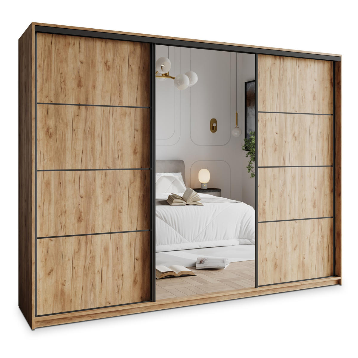 SCHWEBETÜRENSCHRANK VARO 250/205/60 cm 3-türig mit Spiegel und Schubladen Craft Eiche Gold - Schwarz/Orange, Holzwerkstoff (250/205/60cm) - MASSENO