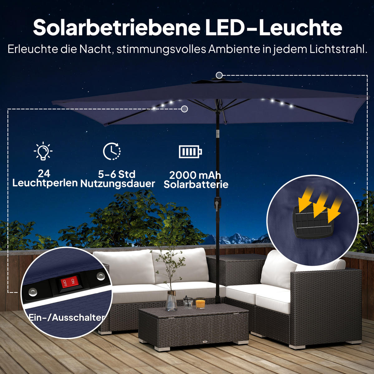 SONNESCHIRM mit Solar LED Marineblau 289/198/248 cm - Dunkelblau, Metall (198/289cm) - Outsunny