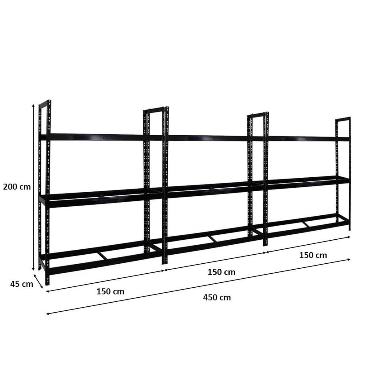 REIFENREGAL Tiger XL 3er-Set mit 3x 200x150x45 cm 300 kg Fachlast bis zu 54 Reifen Schwarz - Schwarz, Metall (450/200/45cm) - PROREGAL