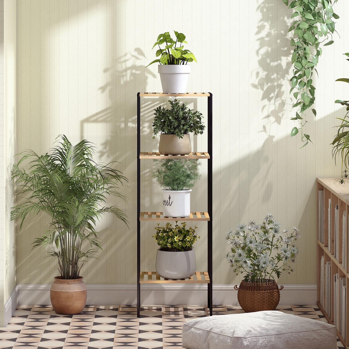 STANDREGAL mit 4 Ablagen aus Bambus und Stahl - Schwarz/Naturfarben, Metall (33/110/36.5cm) - HOMCOM