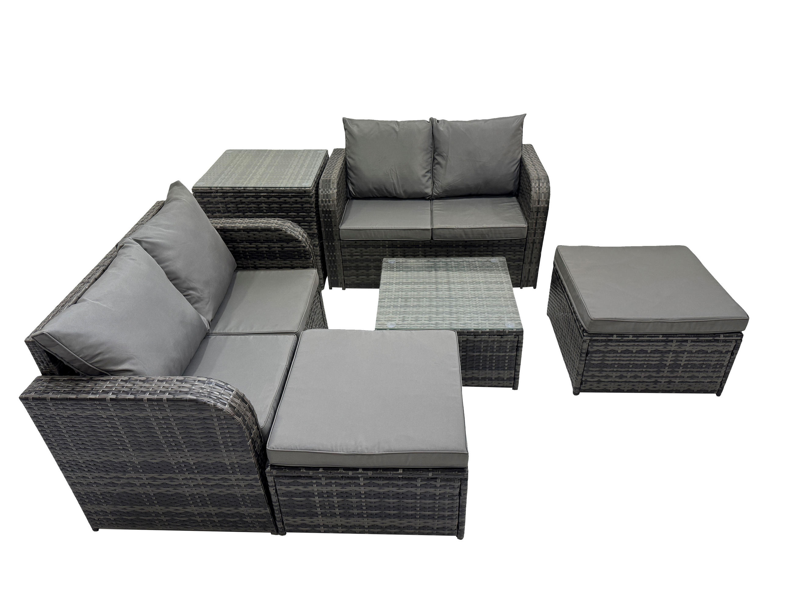 GARTENMÖBEL SET mit COUCHTISCH Polyrattan Dunkelgrau 6-Sitzer - Dunkelgrau/Grau, Glas/Kunststoff - Fimous
