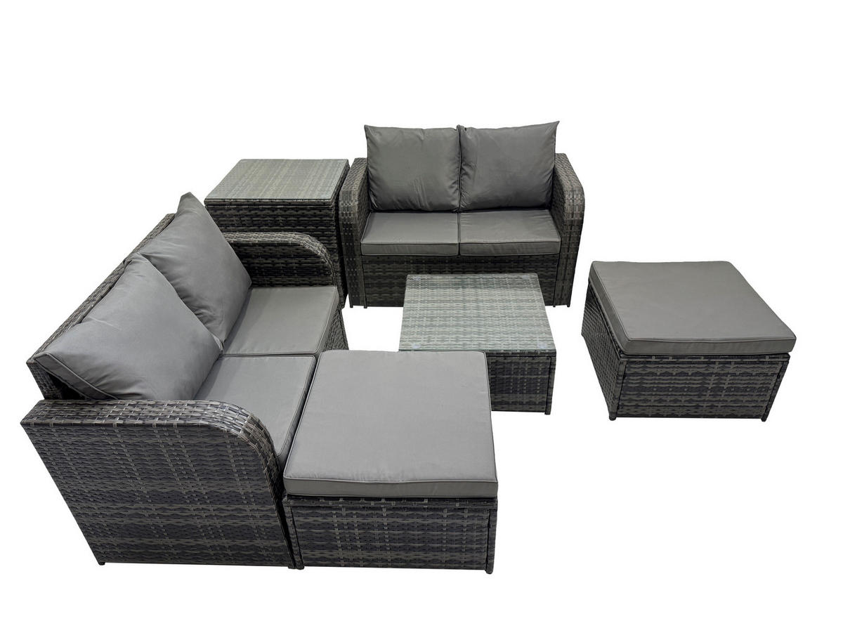 GARTENMÖBEL SET mit COUCHTISCH Polyrattan Dunkelgrau 6-Sitzer - Dunkelgrau/Grau, Glas/Kunststoff - Fimous