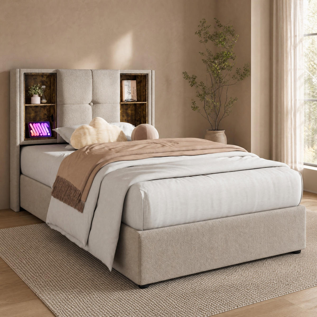 POLSTERBETT 90/200 mit Bettkasten, kabellosem Laden, USB, Type-C und Stauraum in Natur - Beige, Holzwerkstoff/Textil (90/200cm) - EVRYAE