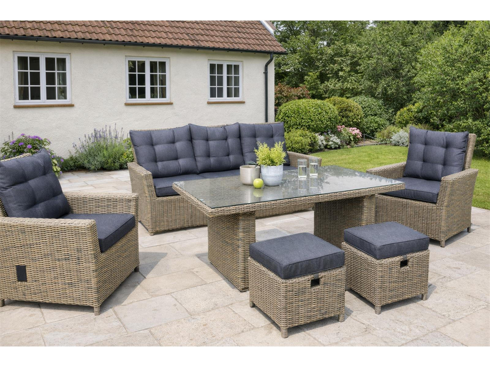 GARTEN-SITZGRUPPE Asti Braun Polyrattan für 7 Personen - Grau, Naturmaterialien - Green Spirit