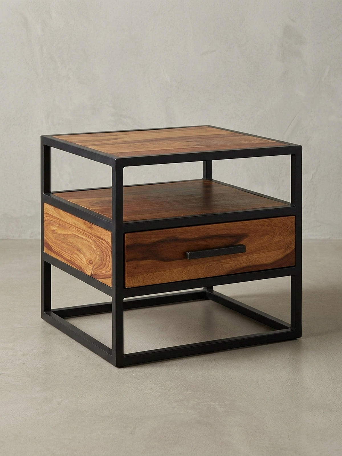 NACHTTISCH – Massivholz/Stahl, mit Stauraum, Industrial-Stil - Schwarz/Braun, Holz/Metall (50/45/45cm) - KADIMA DESIGN
