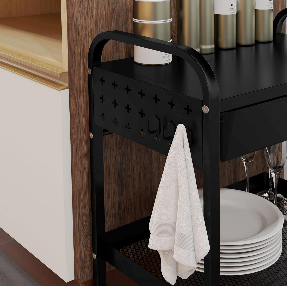 NISCHENWAGEN Rollwagen 61x32,6x58,5cm Schwarz mit Tischplatte & Schublade - Schwarz, Kunststoff (61/58.5/32.6cm) - Modfu