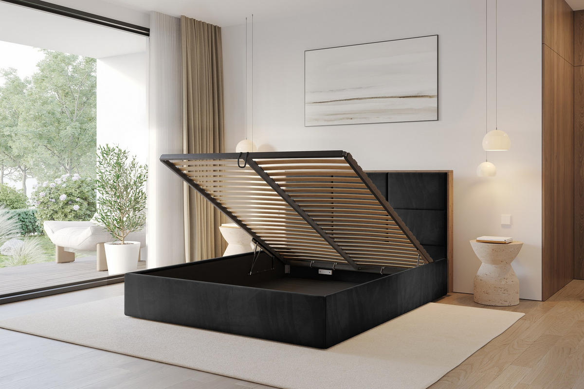 POLSTERBETT mit Bettkasten und Lattenrost, Bett mit Matratze H3/H4 - LILA 140x200 Schwarz - Schwarz, Holzwerkstoff/Textil (140/200cm) - ALTDECOR