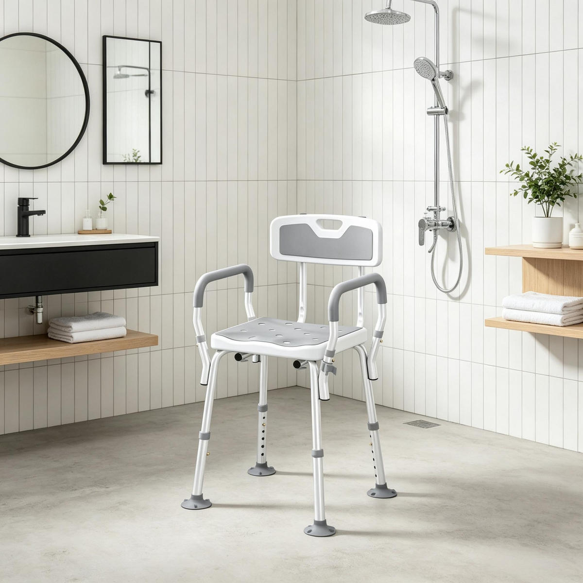 DUSCHSTUHL höhenverstellbar mit Rutschschutz, DE-42180, Weiß/Hellgrau - Grau, Kunststoff/Metall (53.5/74/56.5cm) - ComfortXL