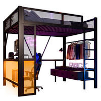 HOCHBETT 140/200 cm aus Metall mit LED-Beleuchtung, USB-Anschluss, Schreibtisch und 3 Schubladen, Schwarz - Schwarz, Holzwerkstoff (140/200cm) - Redom
