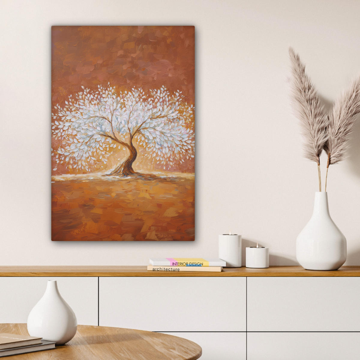 LEINWANDBILD Abstrakt - Baum - Weiß - Blätter Wanddeko 40x60 cm - Braun, Textil (40/60cm) - MuchoWow