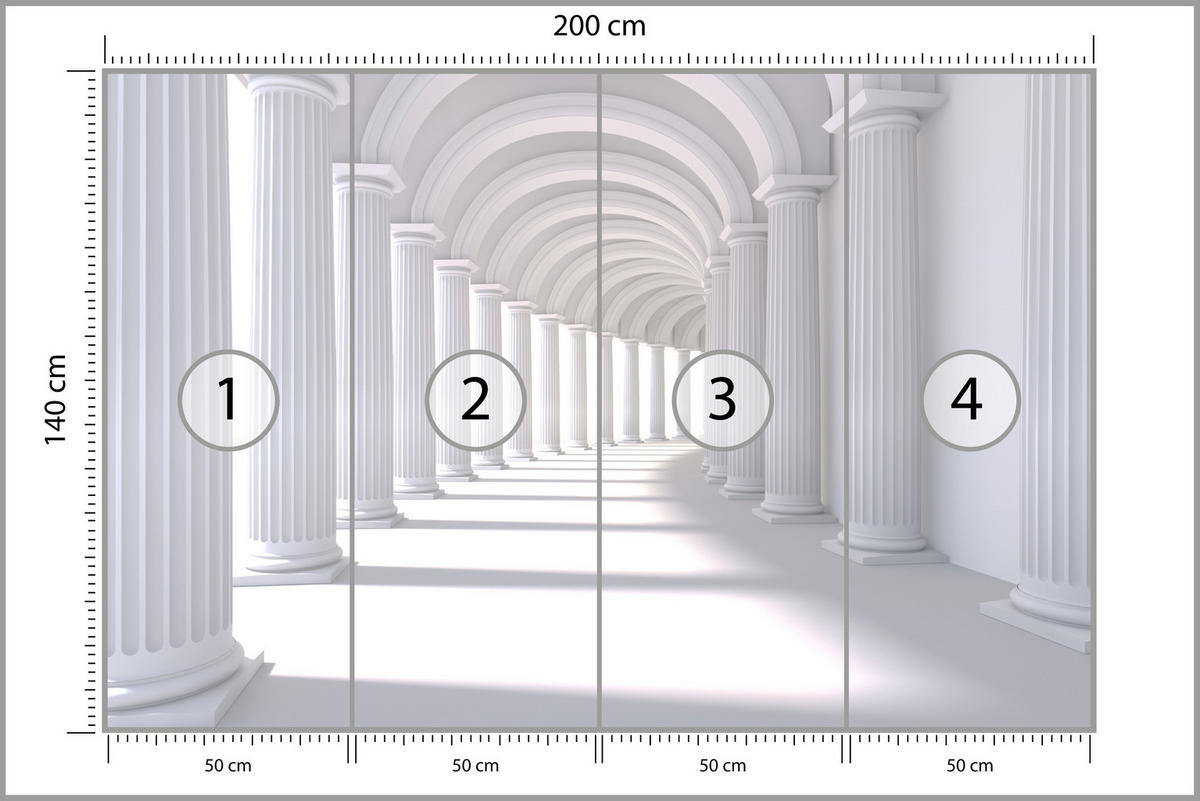 FOTOTAPETE für Wohnzimmer Räumlich Tunnel Historische Säulen 200x140 - Weiß/Grau, Papier (200/140cm) - Muralo