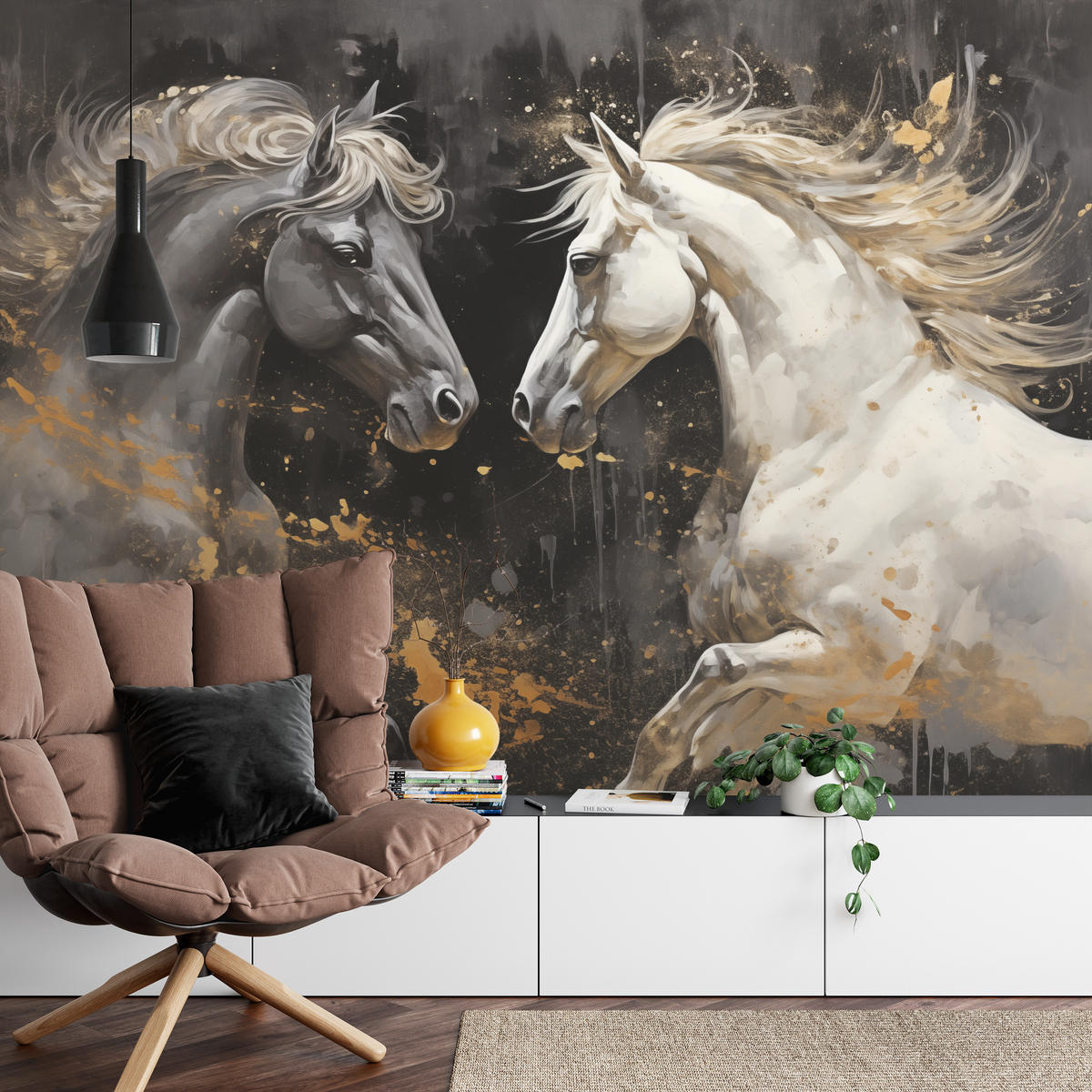 FOTOTAPETE für Büro Schwarz-Weiß Pferd Aquarell Goldakzente Eleganz 450x315 - Beige/Schwarz, Papier (450/315cm) - Muralo