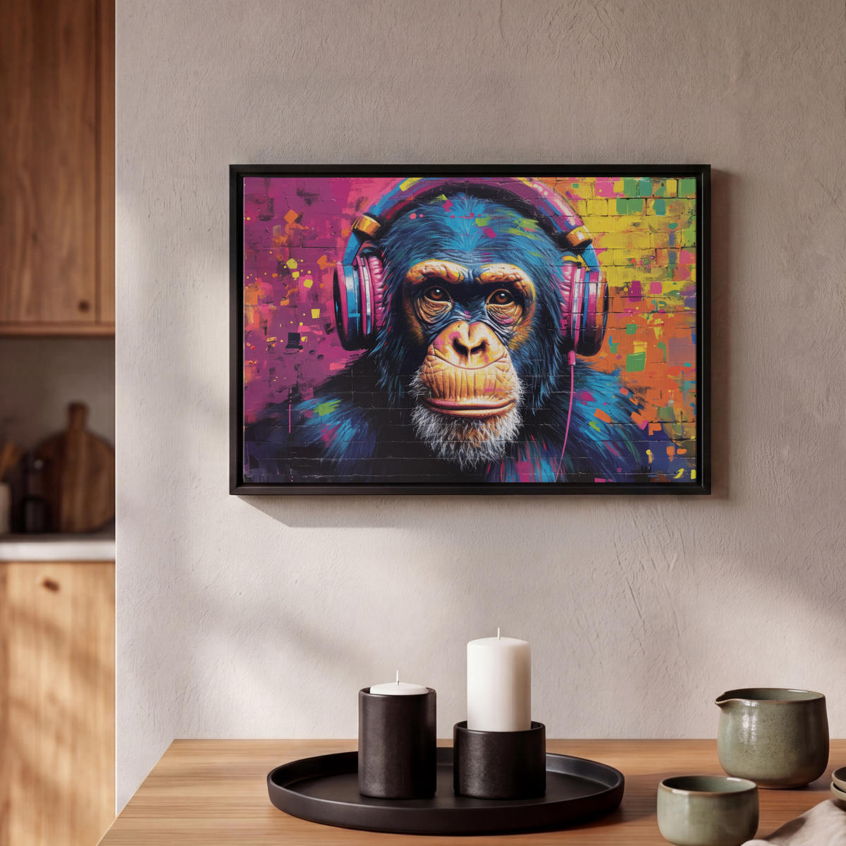 LEINWAND Bilder mit Rahmen - Graffiti - Schimpanse - Straßenkunst - Kopfhörer - Affe - 30x20 - Blau, Textil (30/20cm) - MuchoWow