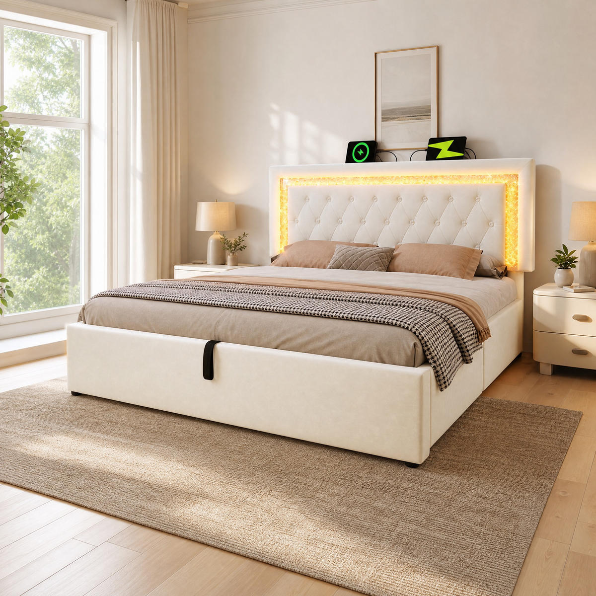 POLSTERBETT 180/200 mit Bettkasten, LED und USB in Beige - Beige, Holzwerkstoff/Textil (180/200cm) - EVRYAE