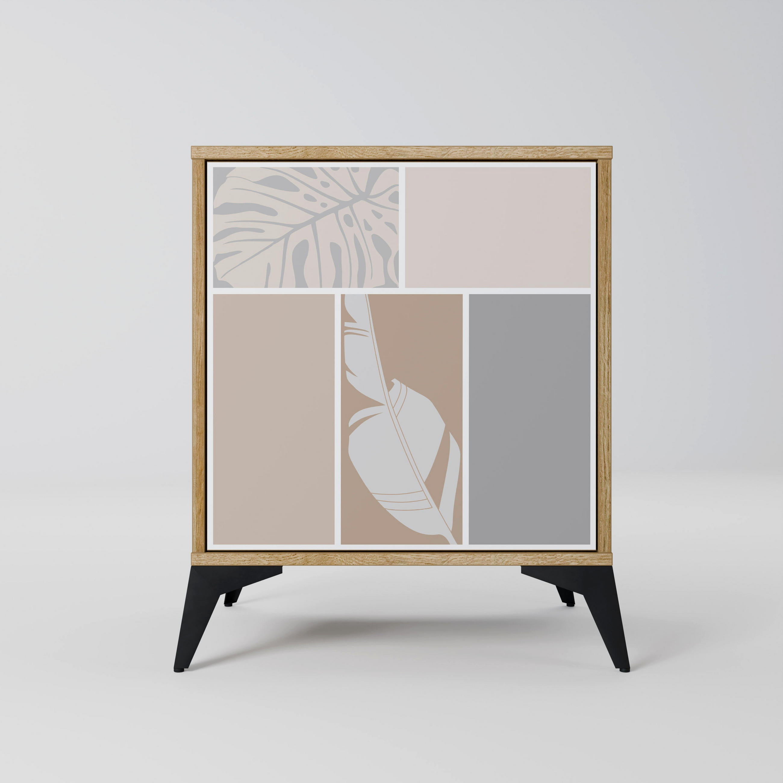 SIDEBOARD TROPICAL SHAPES, Eichefarben, 57,5x42x70,5 cm, Schwarze Metall-Sternfüße - Eichefarben/Multicolor, Holzwerkstoff/Metall (57.5/70.5/42cm) - SpaceRebels