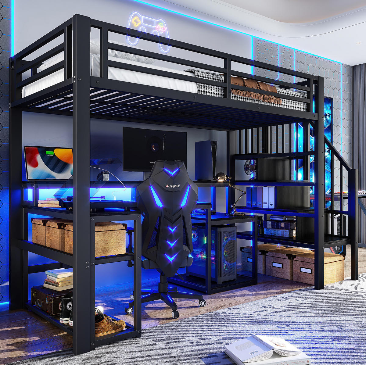 HOCHBETT 90/200 cm Schwarz aus Metall mit Schreibtisch und LED-Lichtleiste - Schwarz, Metall (90/200cm) - OKMYHOME