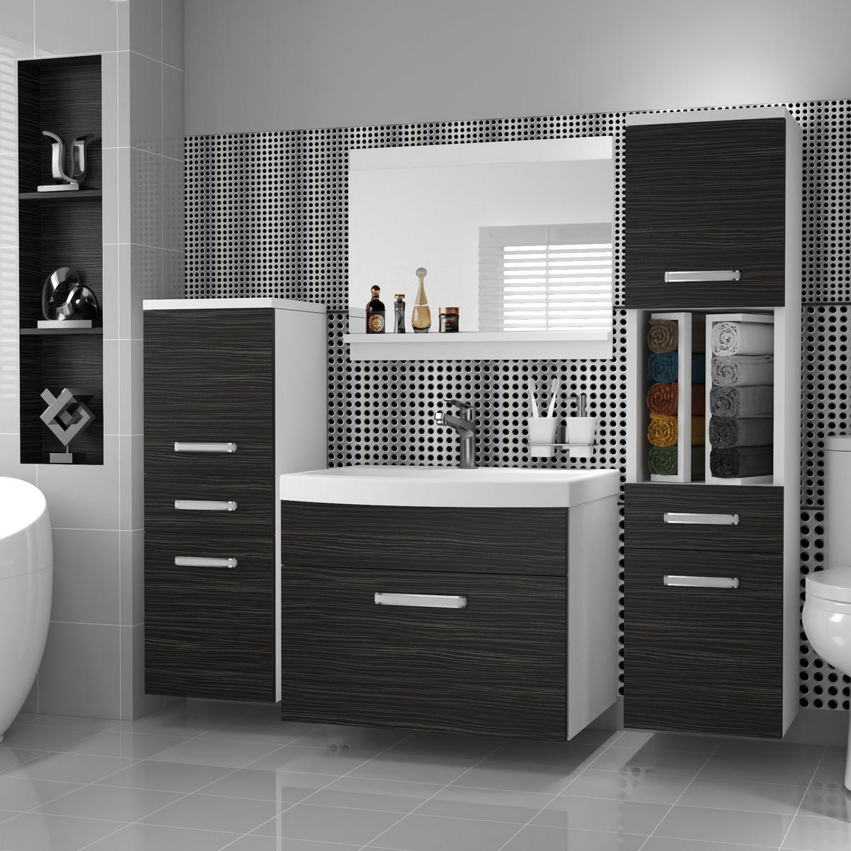 BADMÖBEL Badezimmer SET PRI M5, Ebenholz Matt, 120 cm - Schwarz, Holz (38.7/113.5/120cm) - B BELINI GROUP