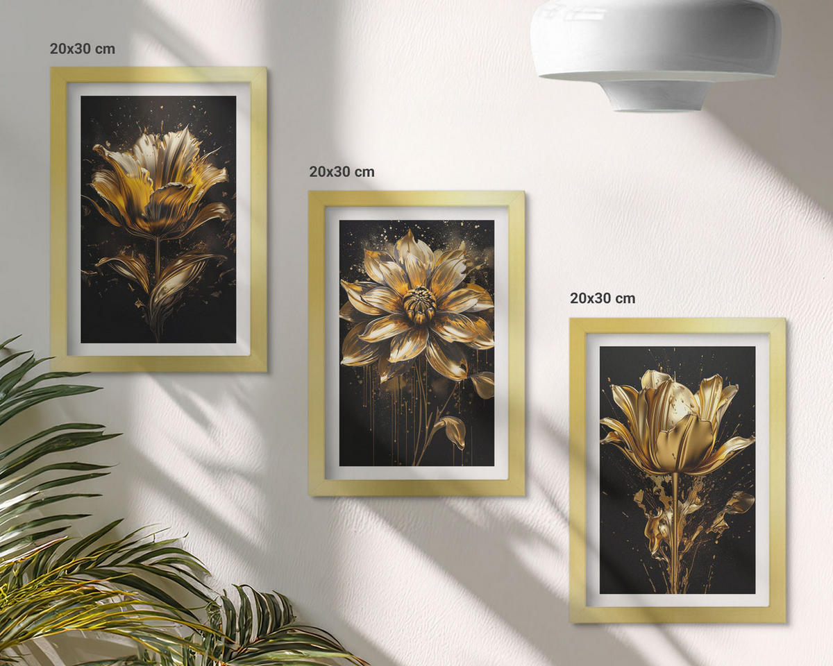 BILDER SET 3er Set - 20x30 cm Goldrahmen - Gelbe Blüten auf dunklem Hintergrund - Goldfarben, Kunststoff (20/30cm) - TULUP