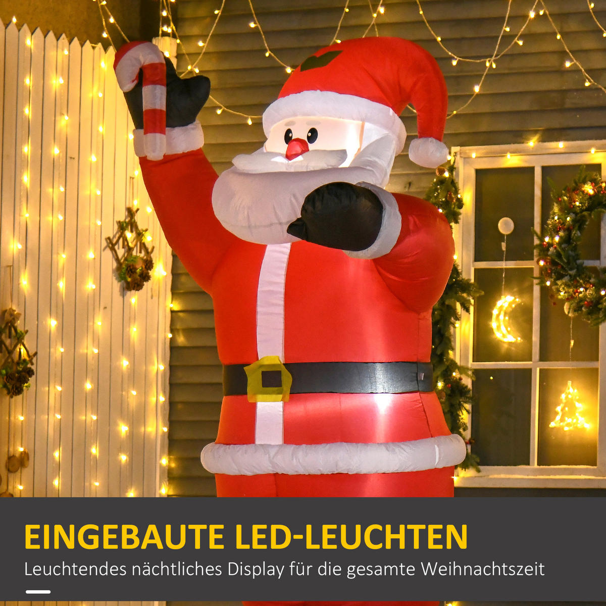 WEIHNACHTSDEKO aufblasbar , 2,4 m Weihnachtsmann mit LED-Beleuchtung Zuckerstange - Rot, Textil (90/240/160cm) - HOMCOM