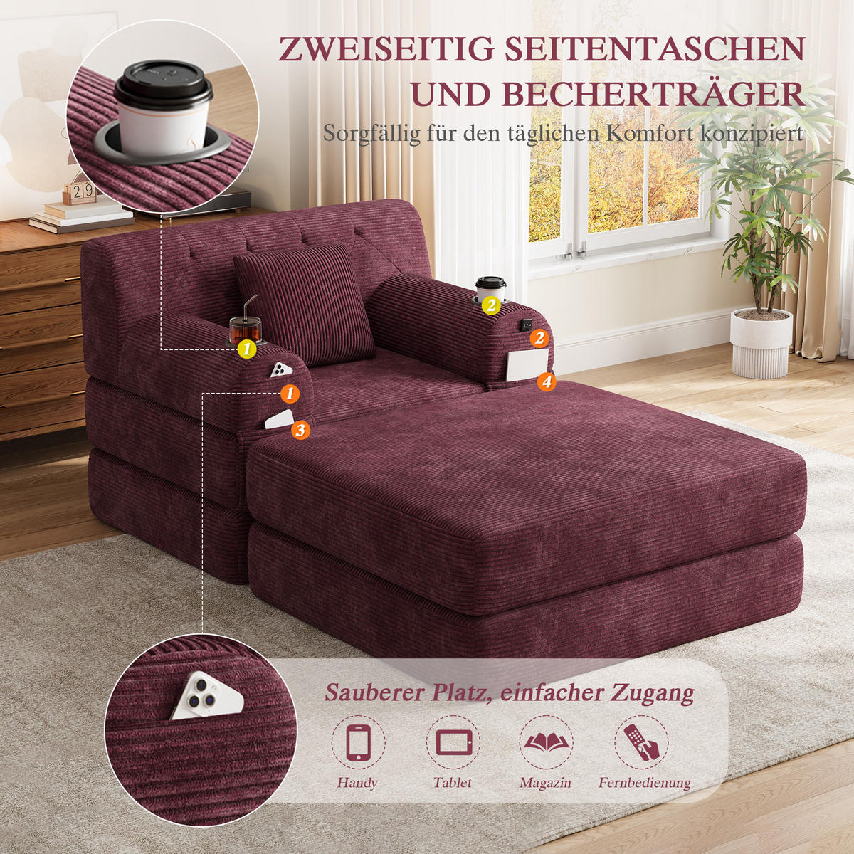 SCHLAFSOFA mit Hocker, Liegefunktion, Getränkehaltern und Seitentaschen in Weinrot aus Cord - Weinrot, Textil (191/60/162cm) - EVRYAE