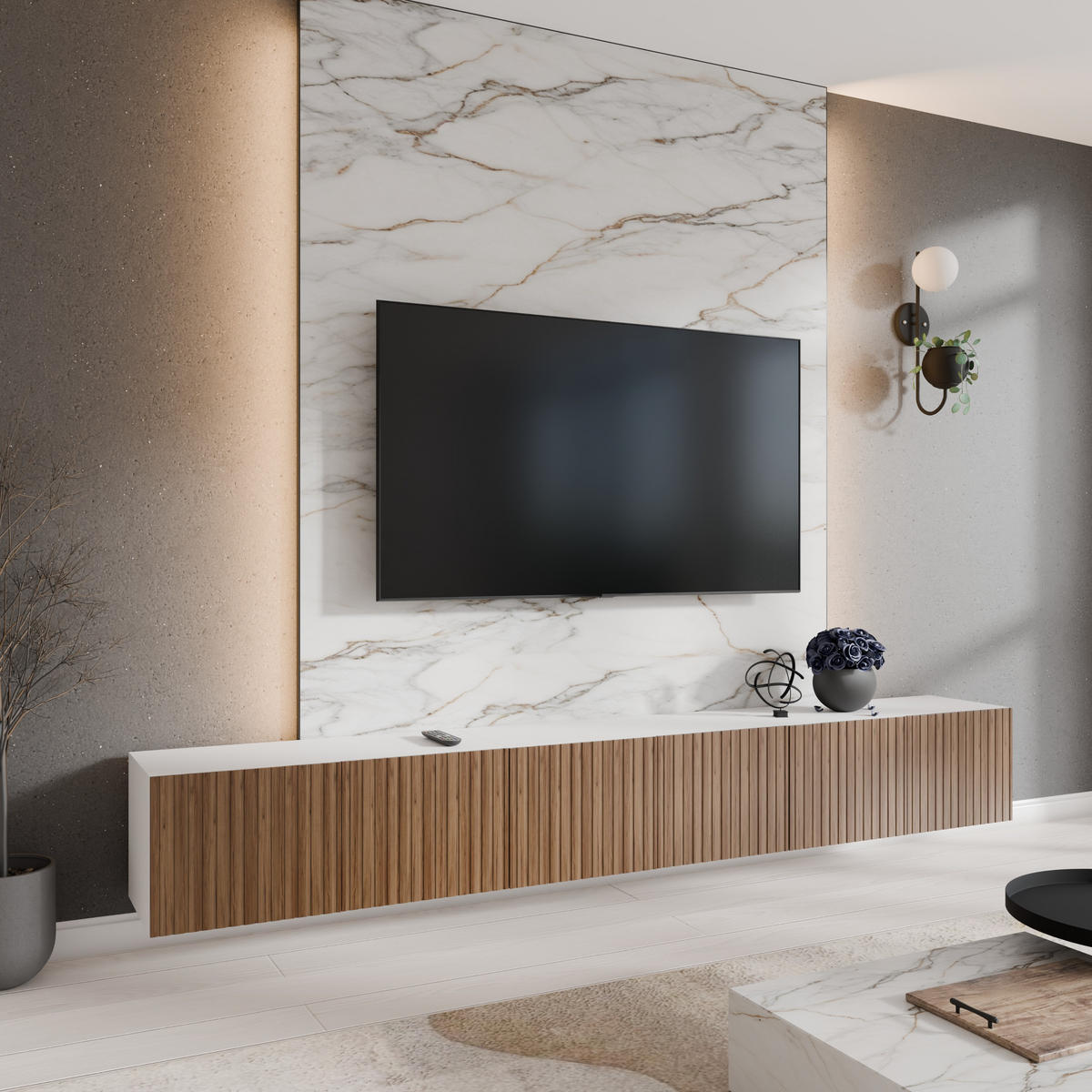 TV-SCHRANK Mio 300 cm, sechstürig, weiß, catania - Weiß/Braun, Kunststoff (300/41/40cm) - Margaret Hadas24