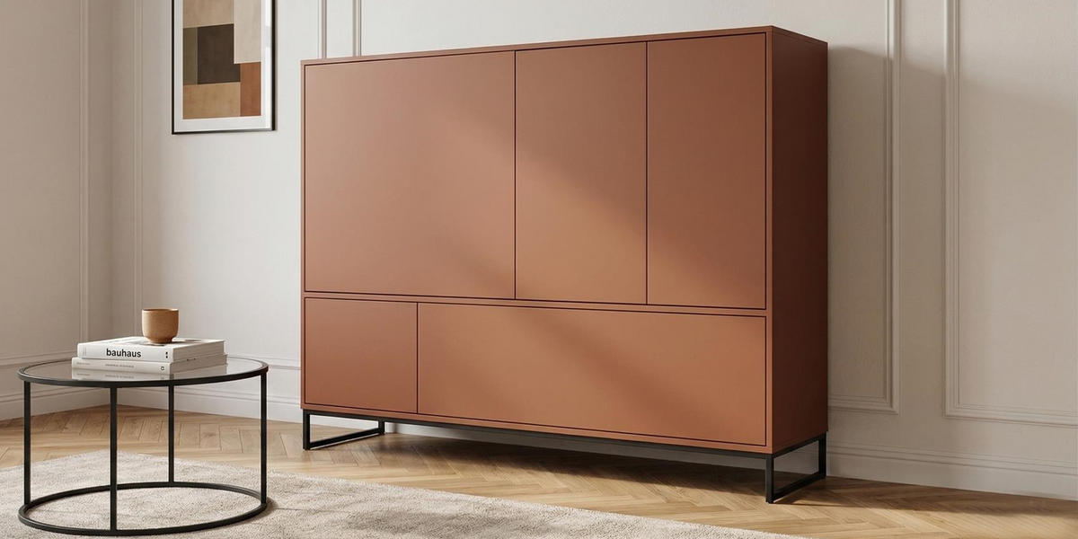 KOMMODE GENUA 160 cm in Rot, Metallgestell Schwarz, Highboard mit push-to-open - Terracotta/Schwarz, Holzwerkstoff/Metall (160/120/45cm) - Bettso