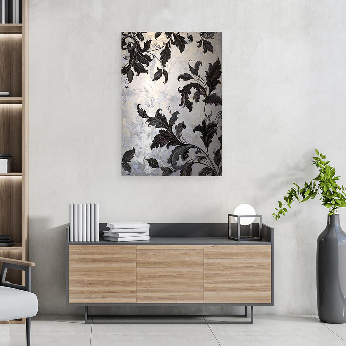 WANDBILD, Schwarze Akazien- und Lorbeerblätter Pflanzen Natur - Schwarz, Textil (60/90cm) - Feeby
