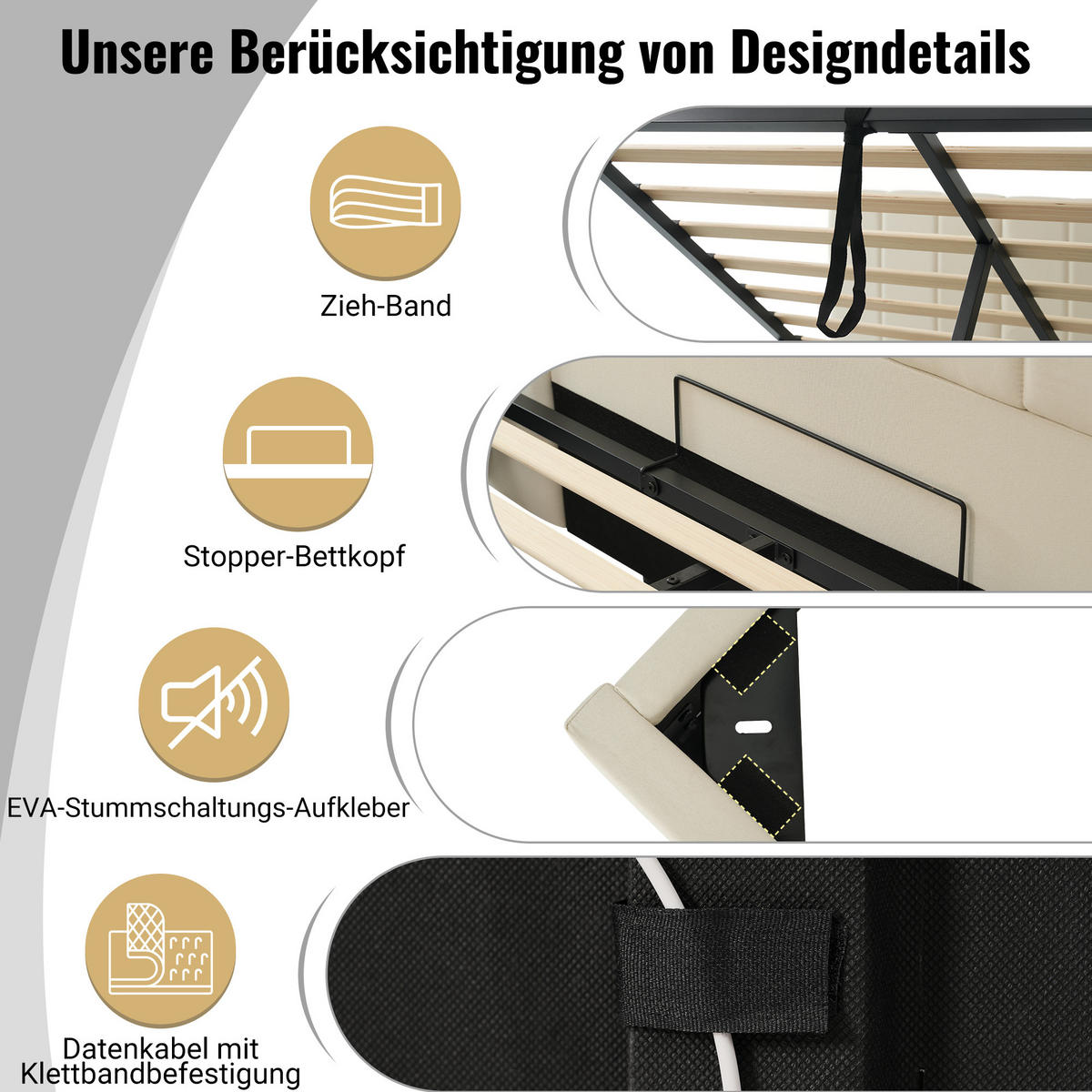 POLSTERBETT 180/200 cm mit Matratze, LED-Beleuchtung, USB-C und hydraulischem Stauraum, Leinen, Beige - Beige, Textil (180/200cm) - Redom