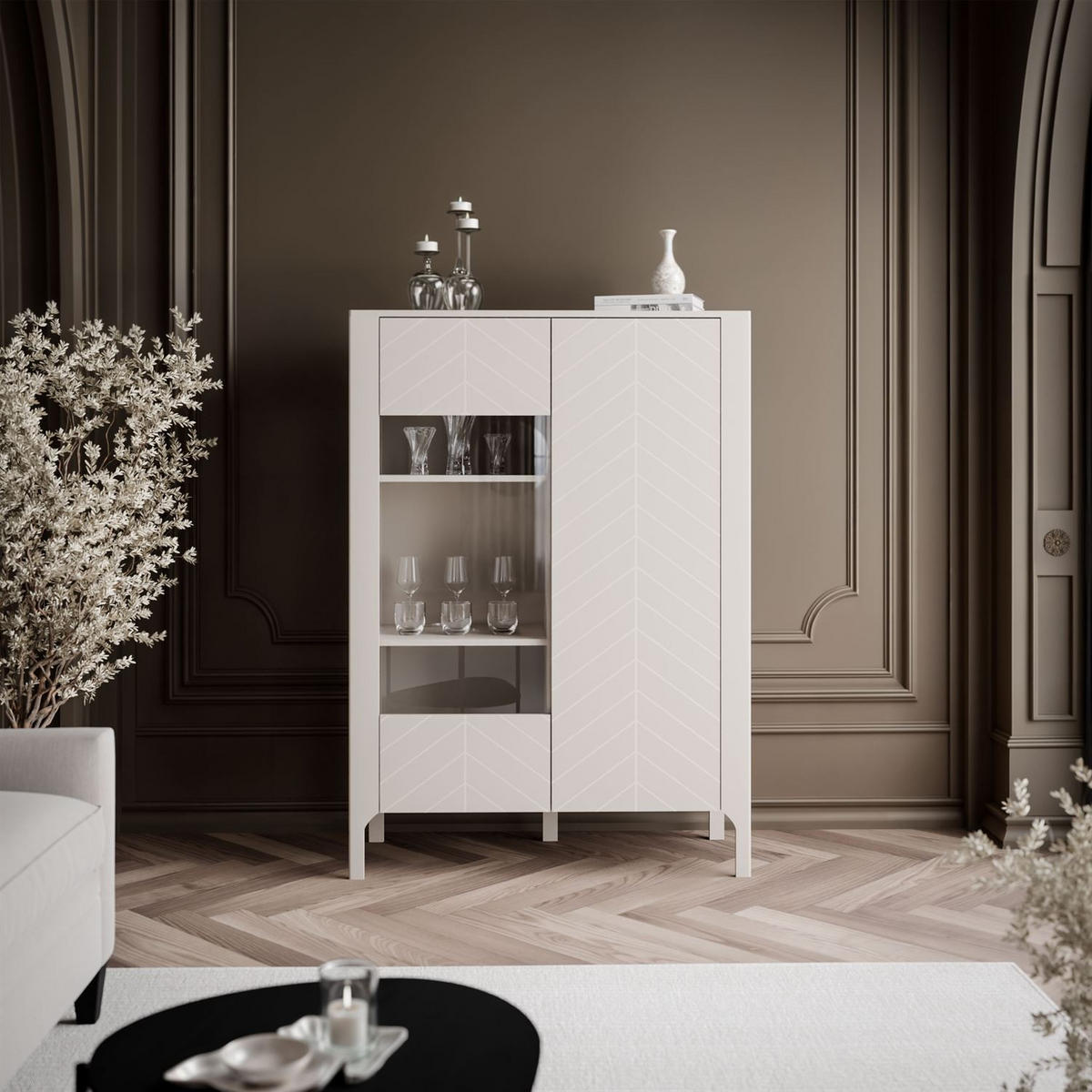 GLASVITRINE LUMI, Kaschmir - Kaschmir, Holzwerkstoff (103/130/41cm) - Lookway