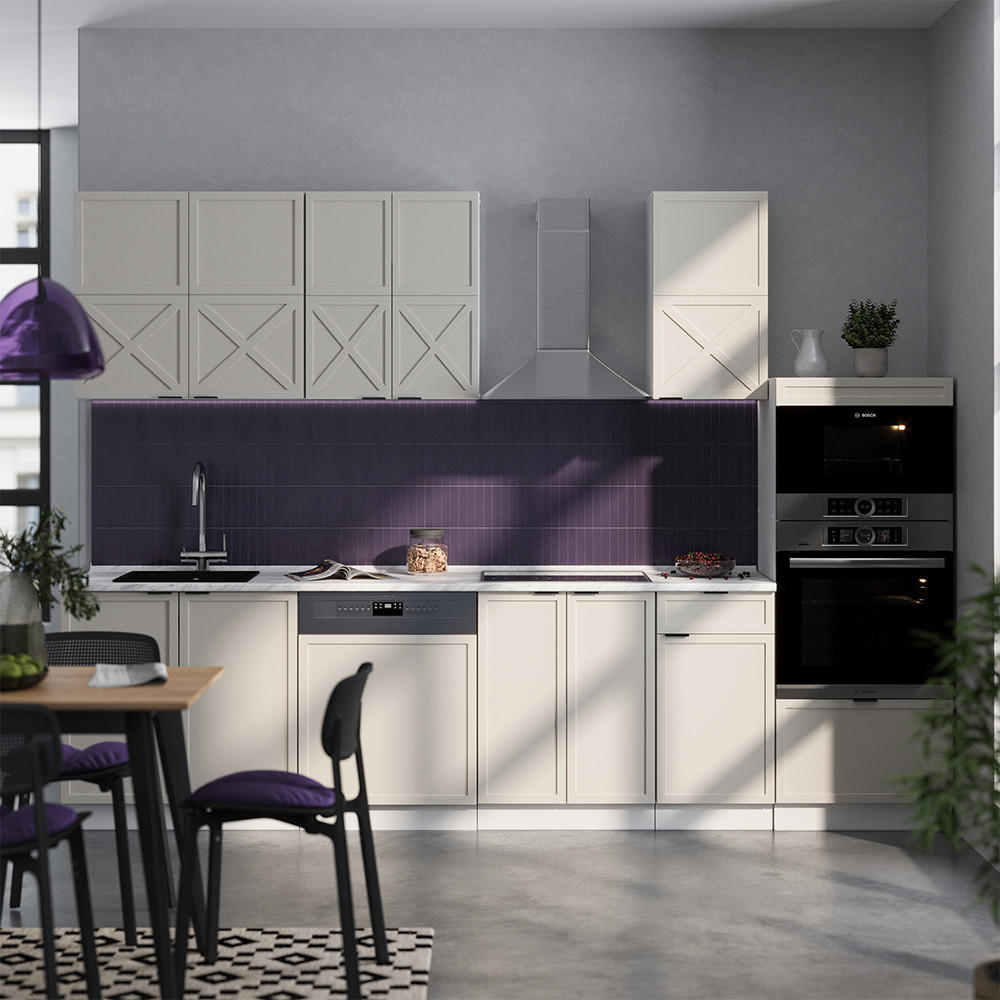 KÜCHENZEILE Fame-Line GrauBeige/Weiß 300 cm mit Hochschrank, ohne AP - Weiß/Grau, Holzwerkstoff (300/81.6/46cm) - Vicco