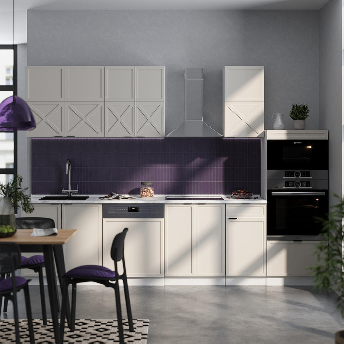 KÜCHENZEILE Fame-Line GrauBeige/Weiß 300 cm mit Hochschrank, AP Eiche - Weiß/Grau, Holzwerkstoff (300/81.6/60cm) - Vicco
