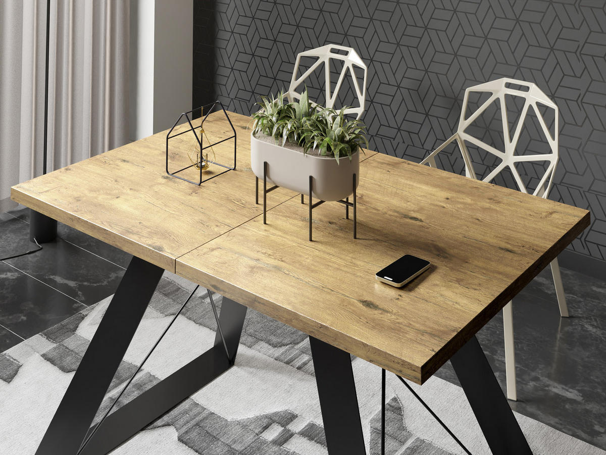 ESSTISCH Colter rechteckig ausziehbar, Lancelot Eiche 140-240/80/76 cm - Eichefarben/Schwarz, Holzwerkstoff/Metall (140/80/76cm) - WFL GROUP