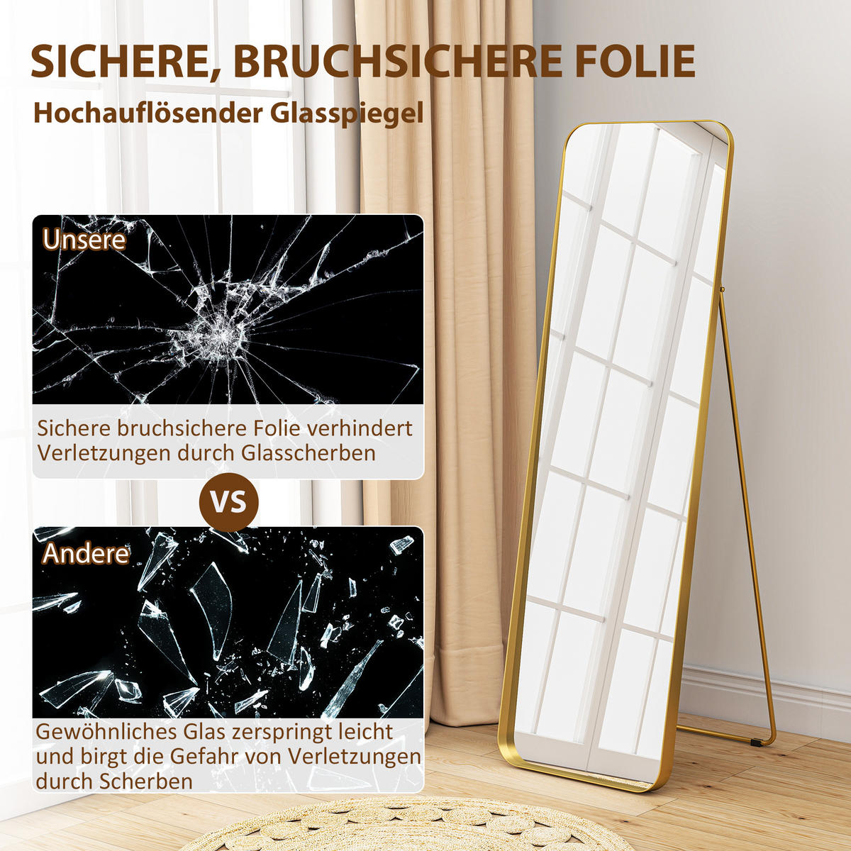 GANZKÖRPERSPIEGEL 160 x 50 cm Gewölbter Standspiegel, Gold - Goldfarben, Metall (50/160/6cm) - HOMCOM