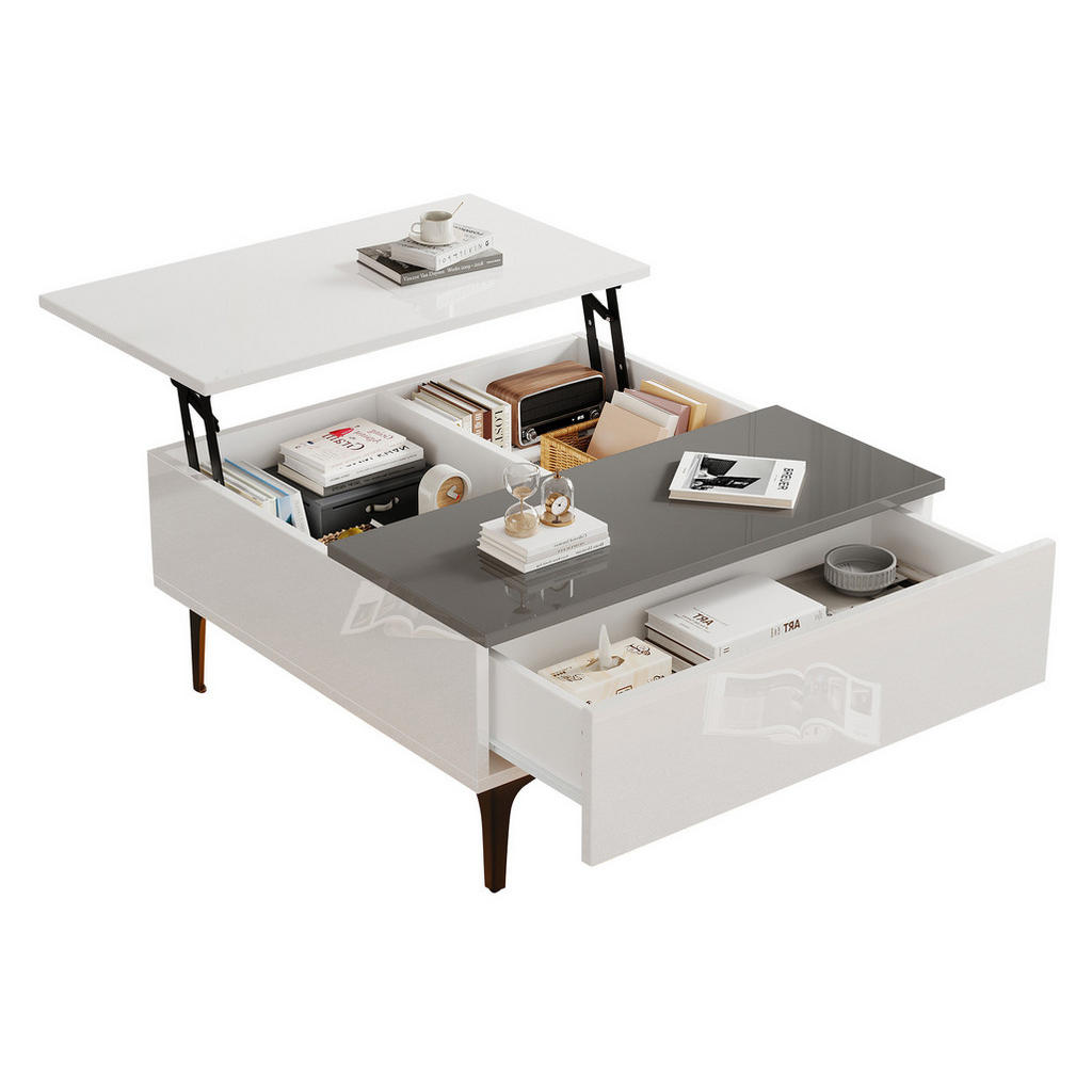 OKWISH KONFERENČNÍ stolek 70/70/35 cm bílý a šedý z MDF s výklopnou deskou LED a úložným prostorem
