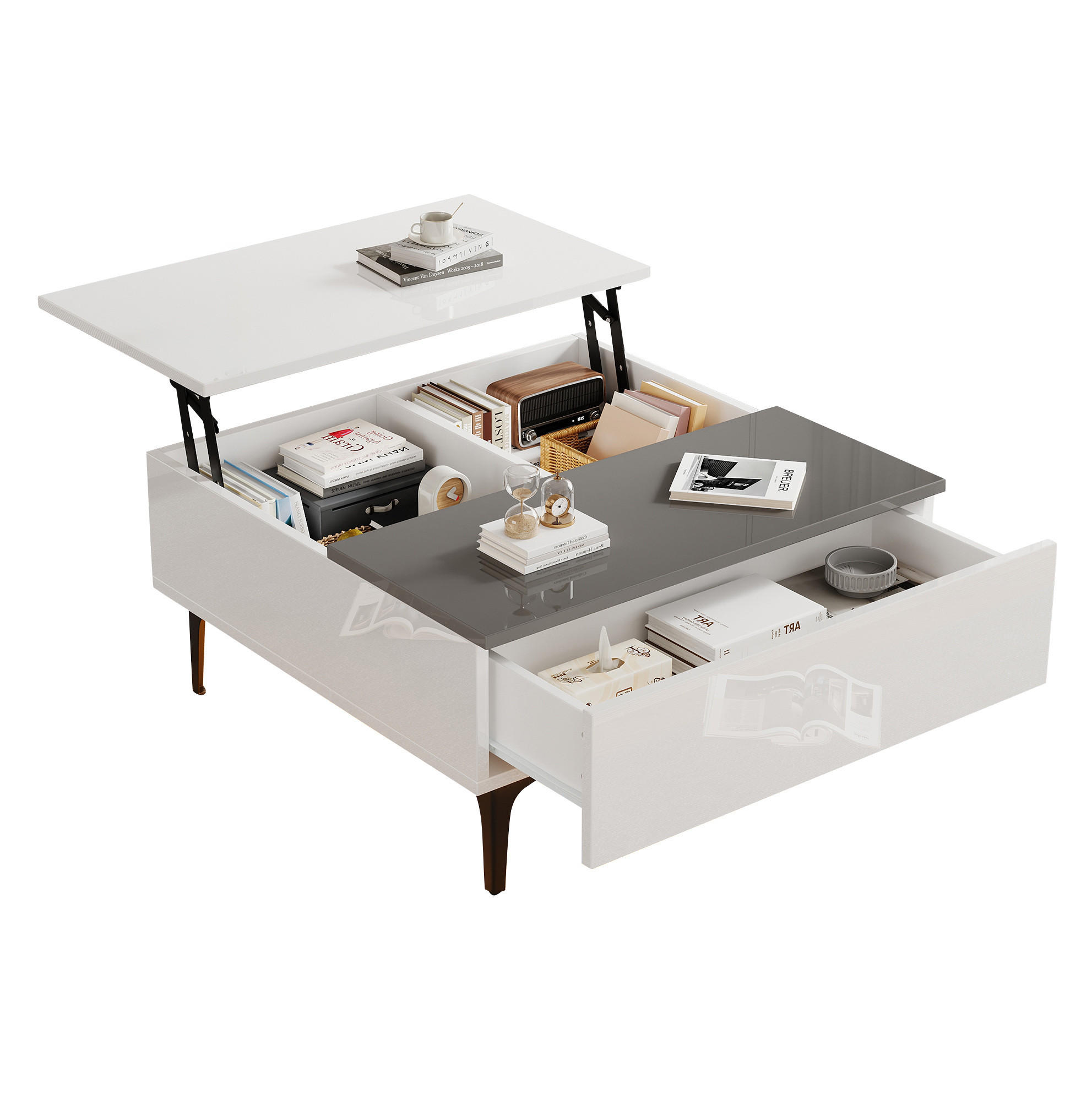 KONFERENČNÍ stolek 70/70/35 cm bílý a šedý z MDF s výklopnou deskou LED a úložným prostorem - bílá, kompozitní dřevo (70/70/35cm) - OKWISH