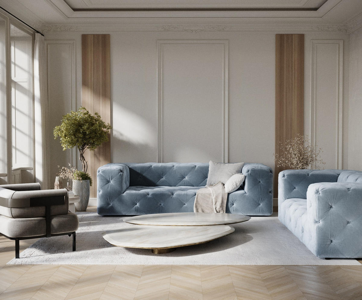 3-SITZER-SOFA Cosimo Blau Grau Samtstoff - Blaugrau/Schwarz, Holz/Holzwerkstoff (230/71/100cm) - Maison de Reve