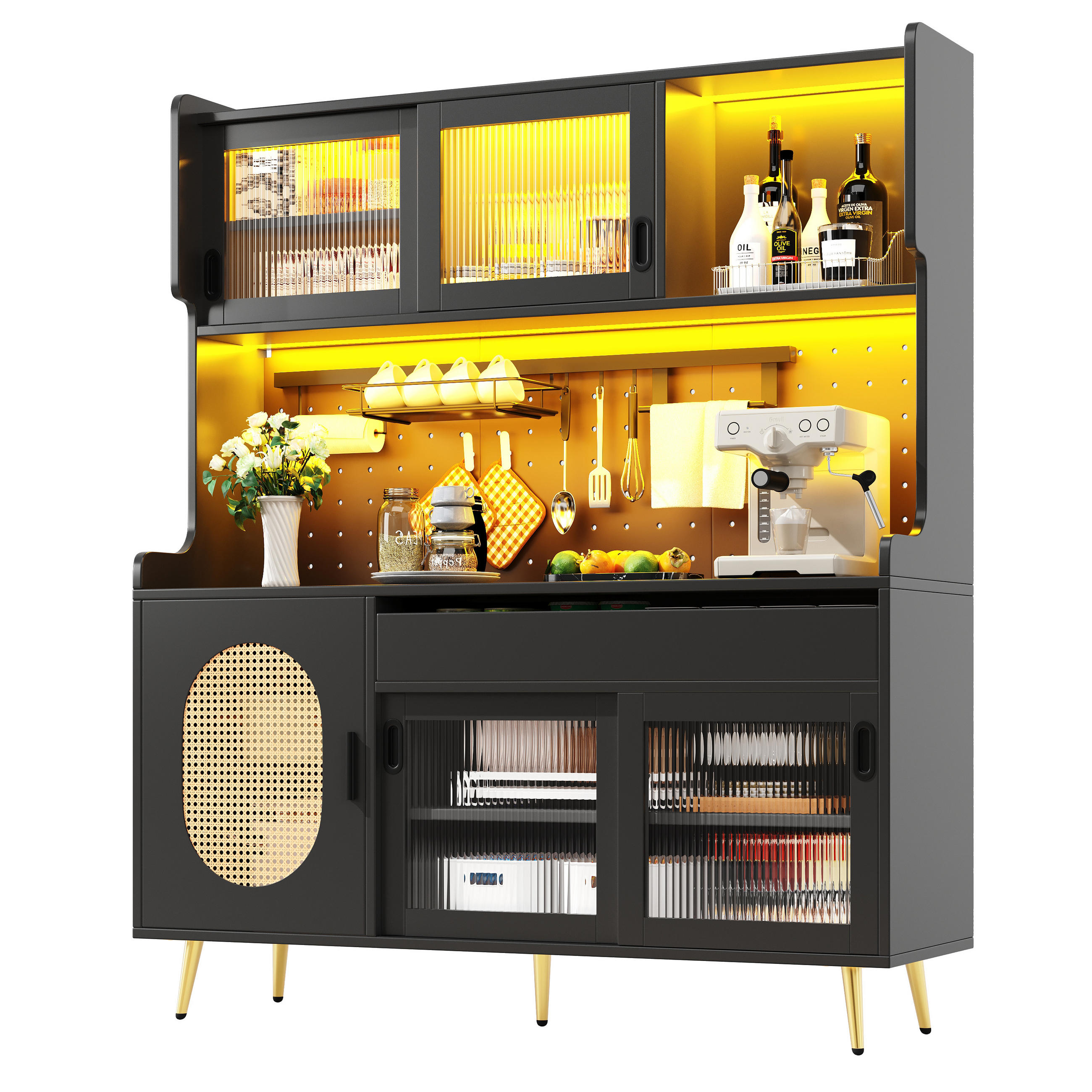 BUFFET Küchenschrank LED App Steuerung Lochplatte MDF Anti Kipp Metallgriffe 145/39/171 cm Retro - Goldfarben/Schwarz, Glas/Holzwerkstoff (145/171/39cm) - EVRYAE