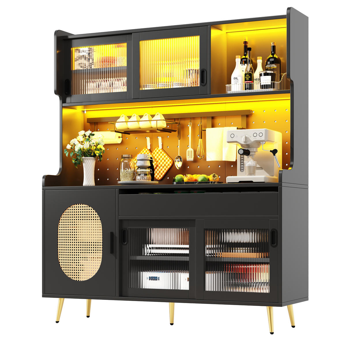 GESCHIRRSCHRANK aus MDF 145x39x171 cm in Schwarz mit LED-Lichtleiste - Schwarz, Holzwerkstoff (145/171/39cm) - Modfu