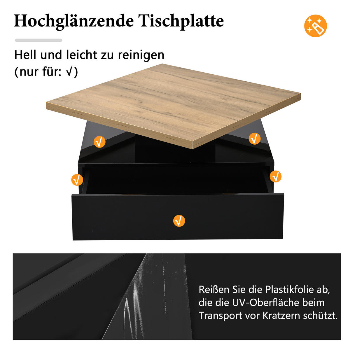 COUCHTISCH 70/70/36 cm mit 360° drehbarer Tischplatte, versteckter Schublade und Hochglanz-Elementen, Walnuss/Schwarz - Schwarz, Holzwerkstoff (70/70/36cm) - Modfu