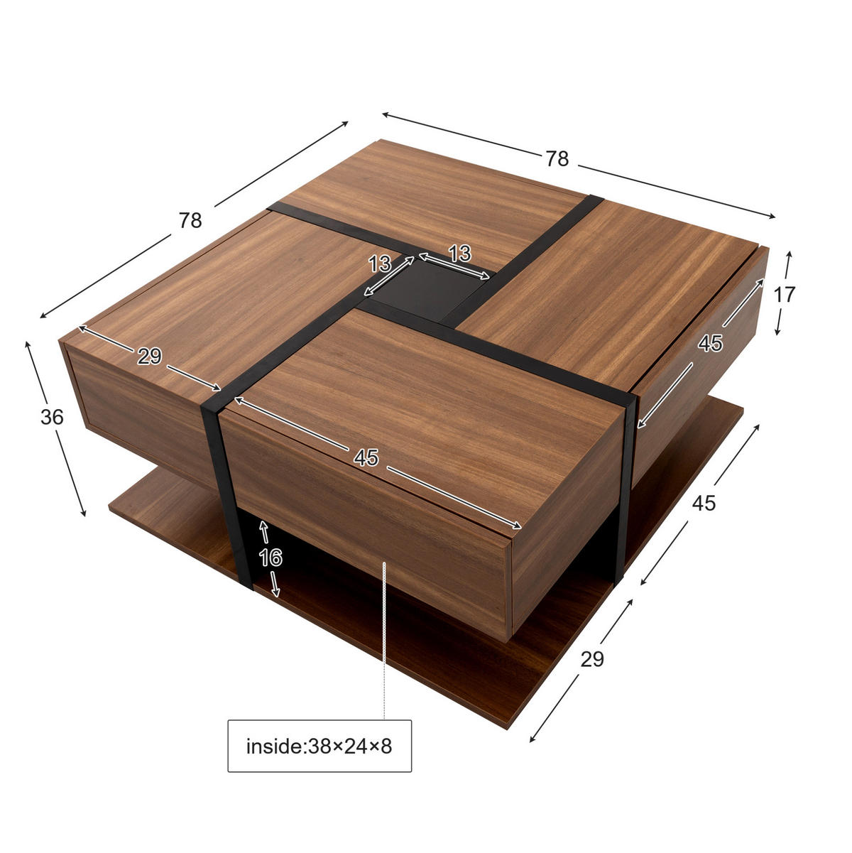 COUCHTISCH aus Spanplatte 78x78x36 cm in Natur mit 4 Schubladen - Naturfarben, Holzwerkstoff (78/78/36cm) - Modfu