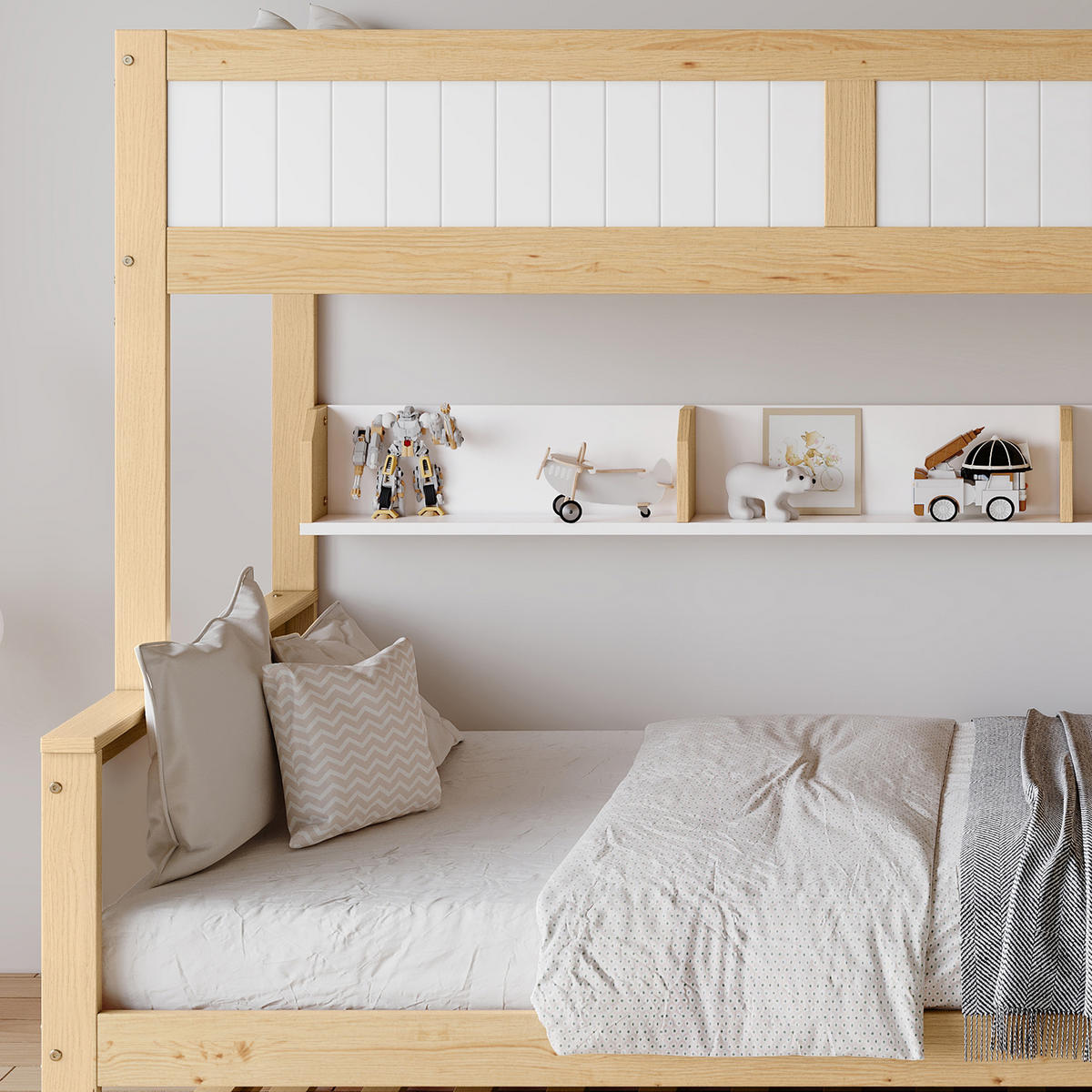 ETAGENBETT 90/200 cm & 120/200 cm & 90/190 cm in Weiß & Natur mit Rollbett, Kleiderschrank und Stauraumtreppe - Naturfarben, Holz (90/200cm) - STILVORA