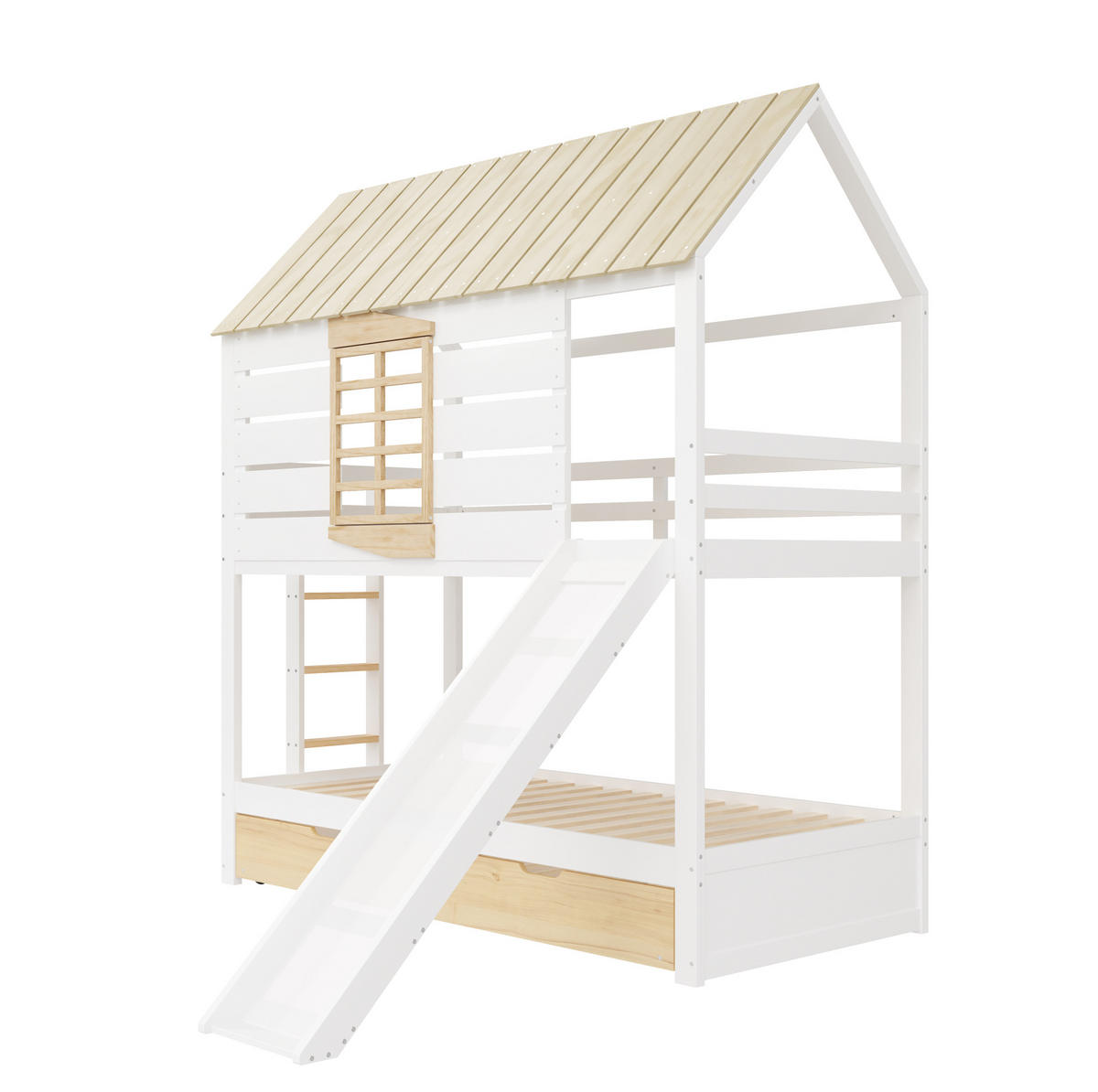 ETAGENBETT aus Kiefer und MDF 90x200 cm Weiß/Natur mit Rutsche, Ausziehbett und Hausdach - Weiß, Holzwerkstoff (90/200cm) - Modfu