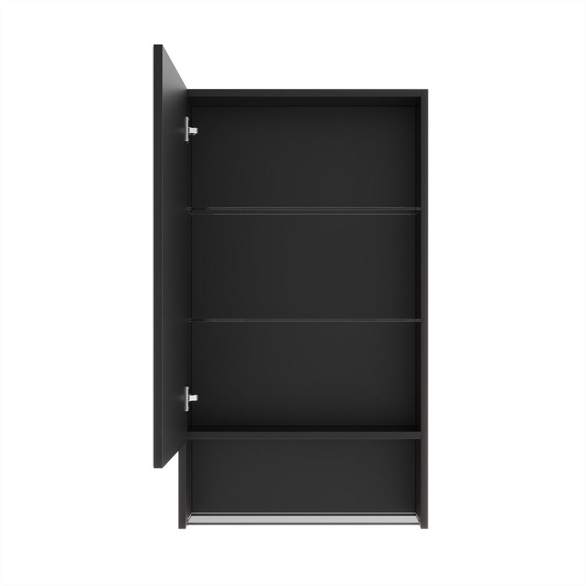 SPIEGELSCHRANK - eintürig - mit LED-Beleuchtung - Antibeschlag-Funktion und offenem Glasregal - Schwarz - Schwarz, Holzwerkstoff (16/88/50cm) - DELFA