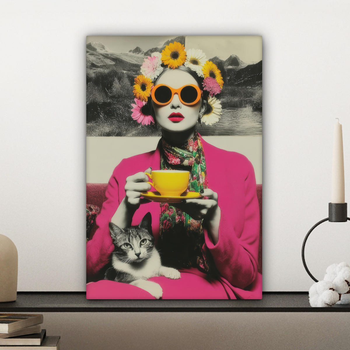 LEINWANDBILD Frau - Katze - Blumen - Tasse - Retro Deko Wohnzimmer 20x30 cm - Magenta, Textil (20/30cm) - MuchoWow