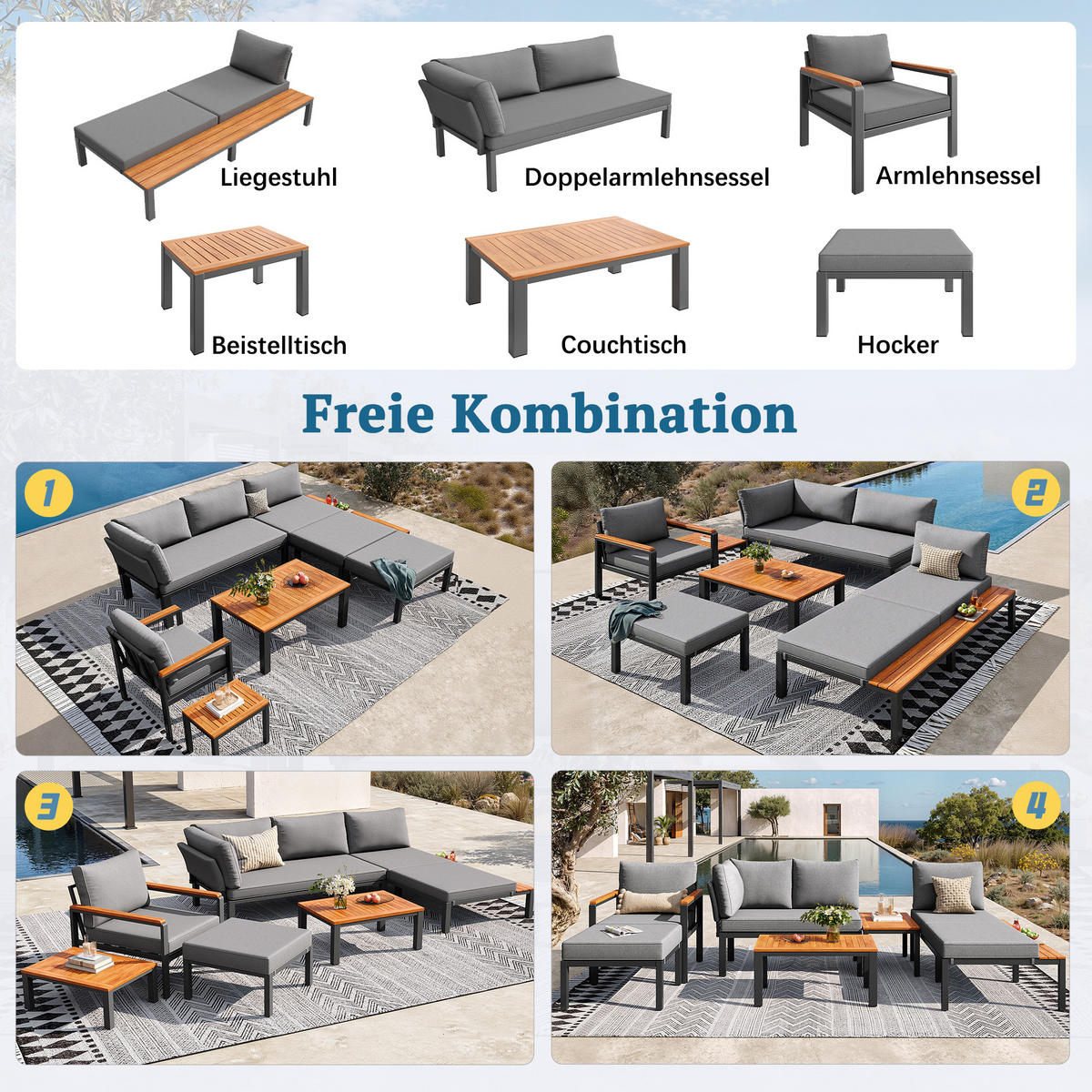 GARTENLOUNGE Grau modular Metallrahmen Kissen Tisch Set - Grau, Holz - FLIEKS