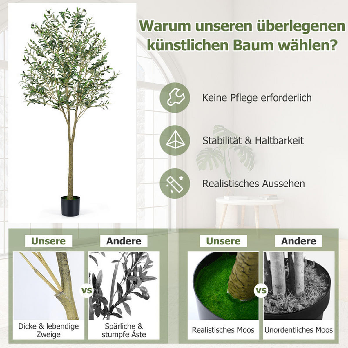 KUNSTOLIVENBAUM mit Zementtopf grün(2er-Set) - Grün, Kunststoff (180cm) - COSTWAY