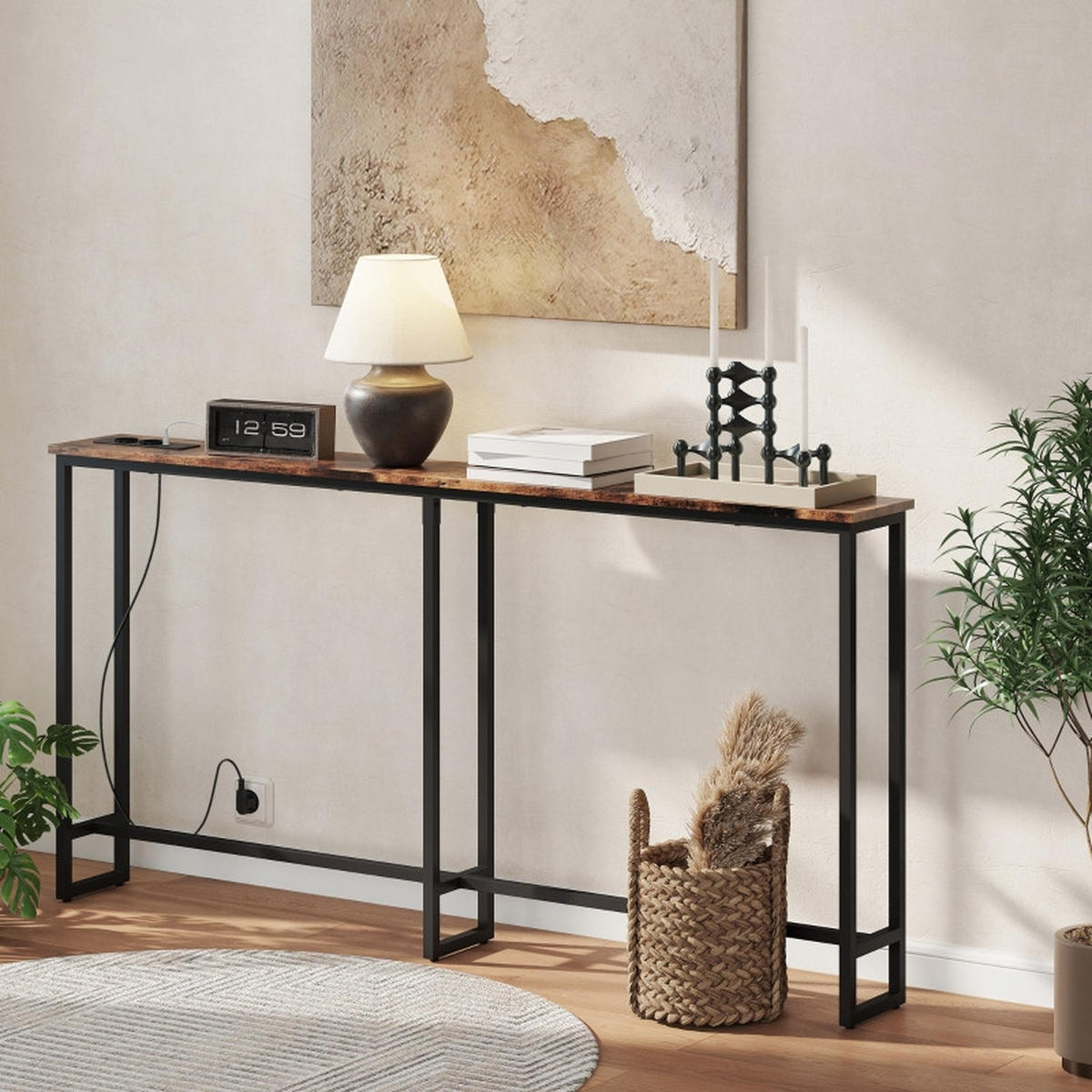 KONSOLENTISCH 160/20/80 cm braun aus Holz mit integrierter Ladestation - Braun, Holz (160/20/80cm) - OKWISH