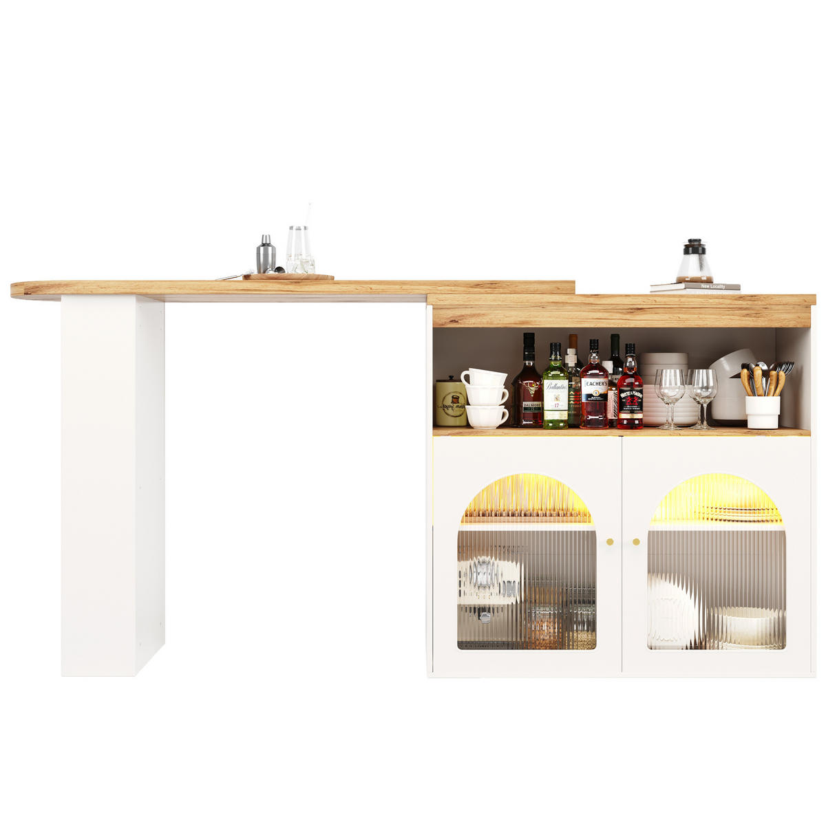 BARTISCH 138-193/39/105 cm in Weiß, drehbar mit Stauraum und LED - Weiß, Holzwerkstoff (39/193/105cm) - BEAOK