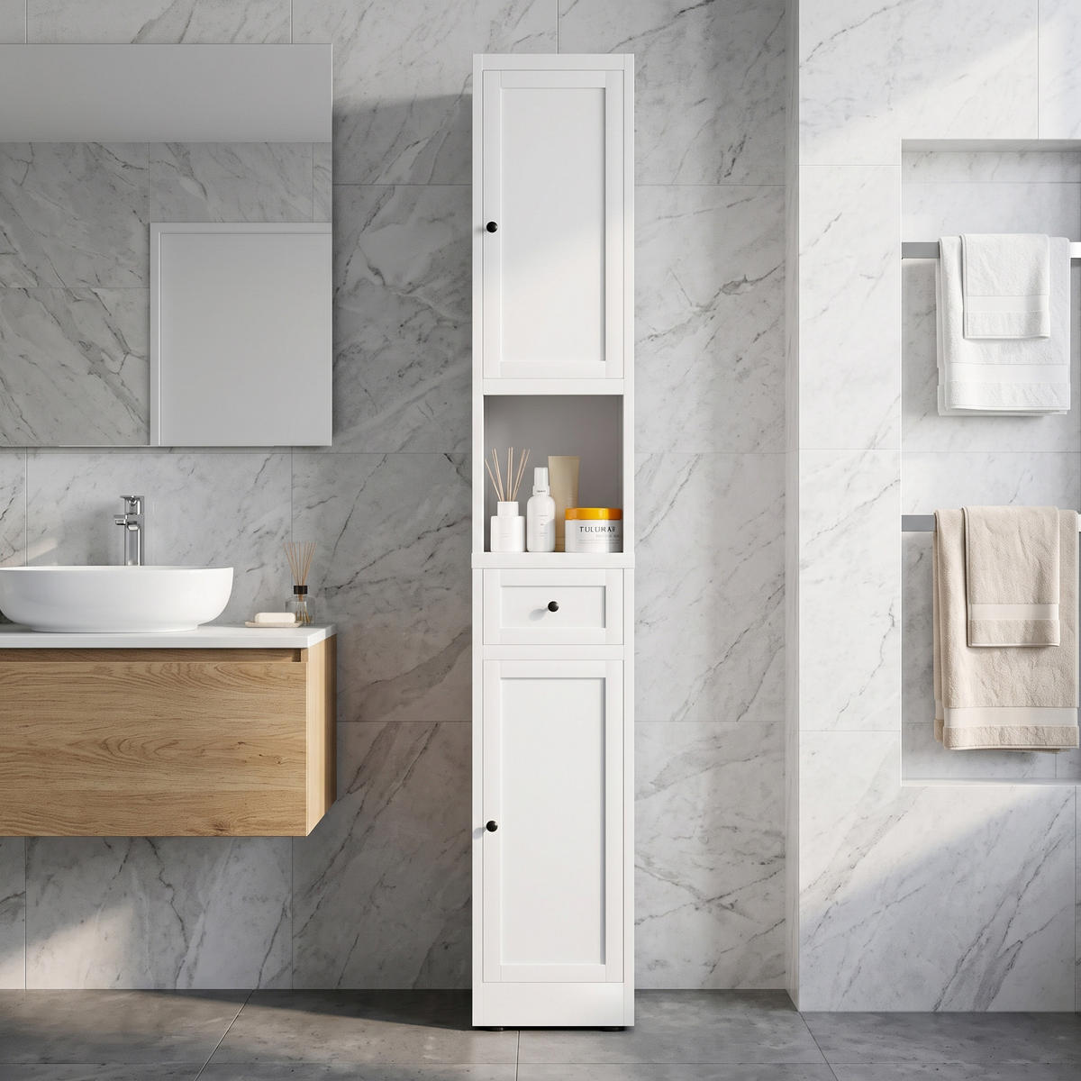 BADEZIMMERSCHRANK Weiß Hochschrank 5 Ebenen 2 Türen - Weiß, Holzwerkstoff (30/180/30cm) - Urban Meuble